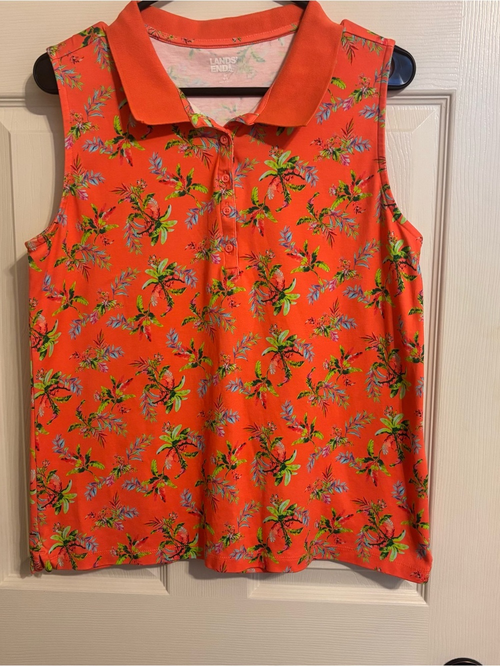 Lands' End Bright Coral Floral Sleeveless Polo